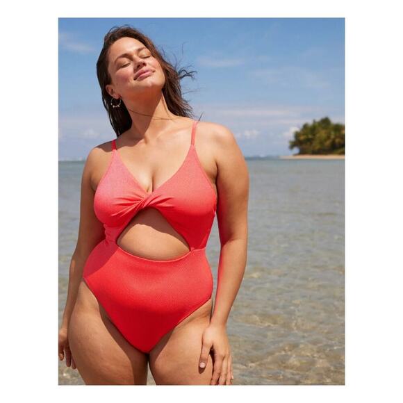 NWT Aerie Shine Pique Twist Scoop One Piece Swimsuit Pink Sprinkle Swim Size XS - Picture 1 of 7